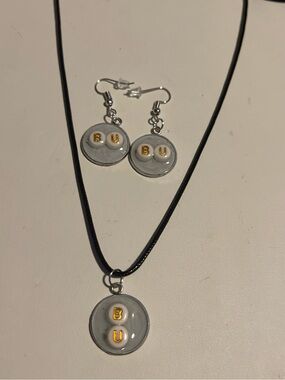 Round BU Letter Necklace & Earring Set - Light Gray & Gold
